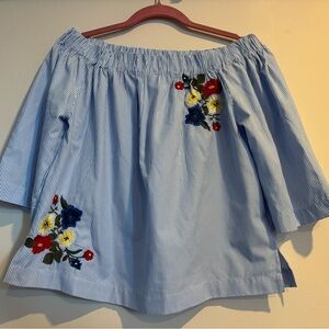 Ripe Blue and White Striped Top with Floral Embroidery